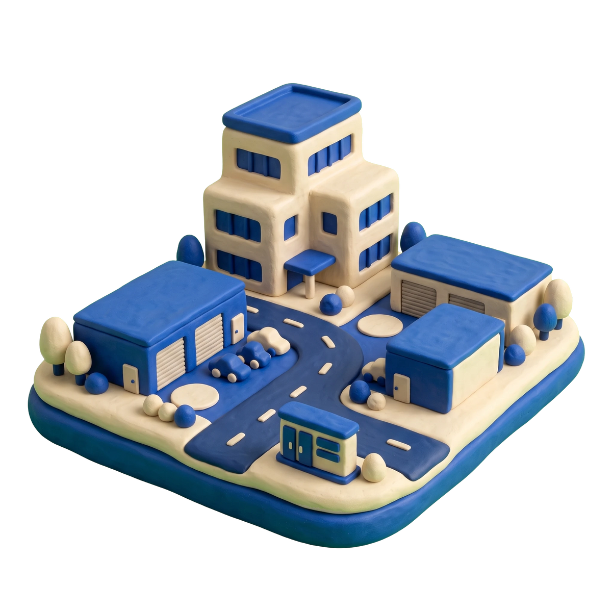 Business park illustration in blue and ivory clay