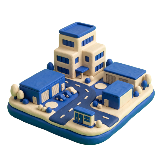 Business park illustration in blue and ivory clay