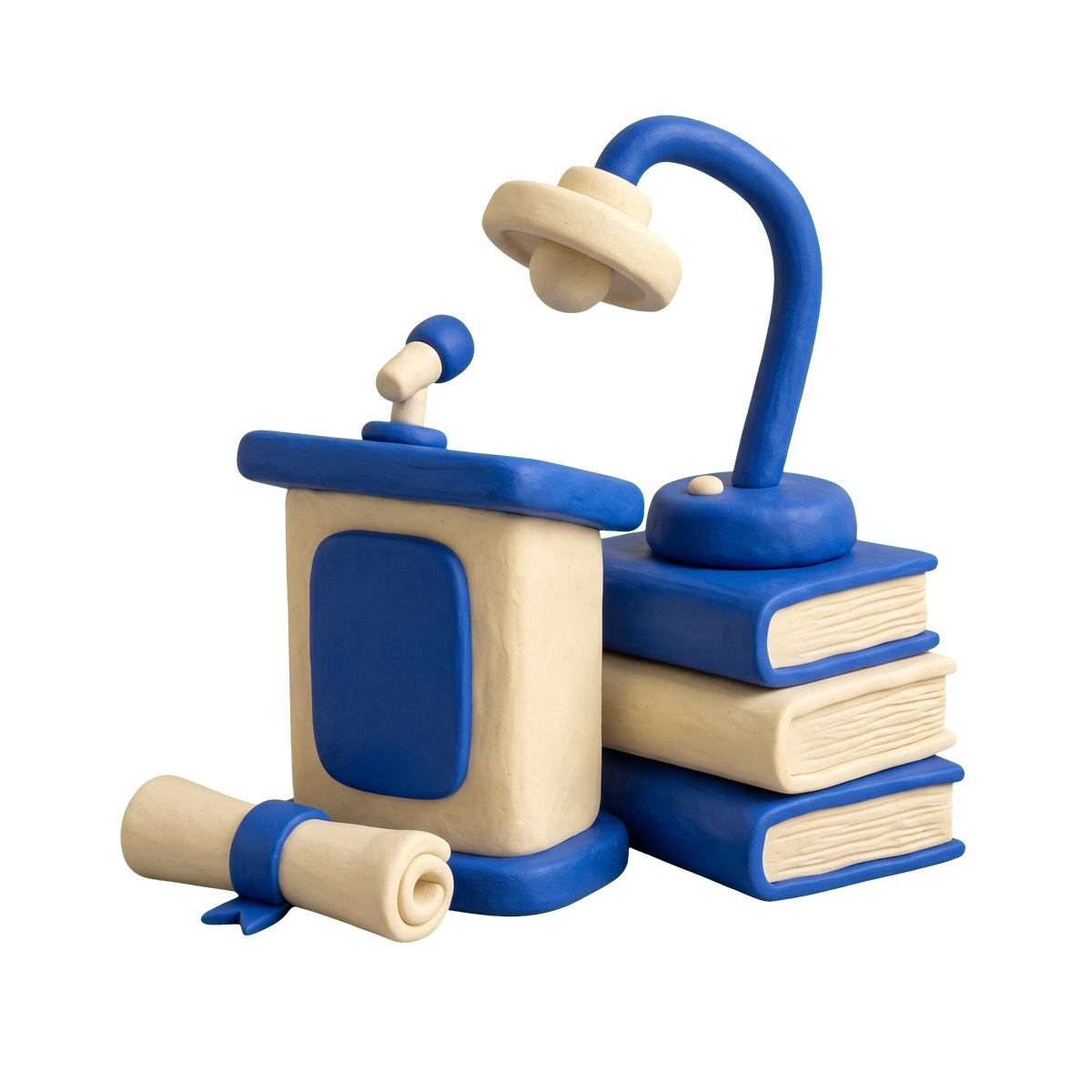 Business school illustration in blue and ivory clay