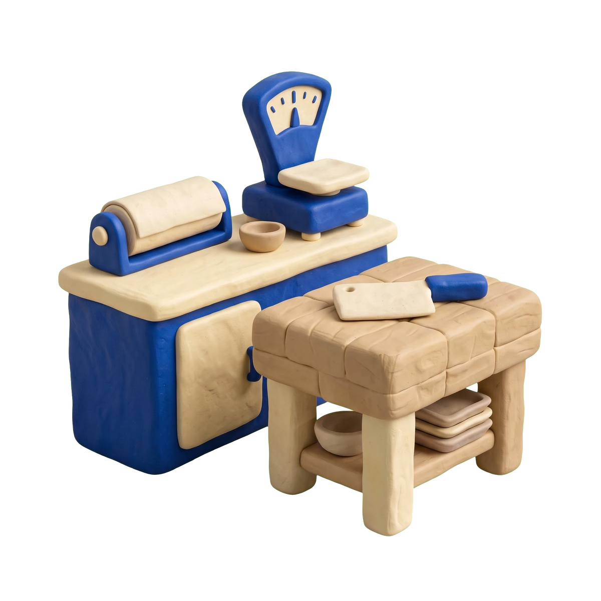 Butcher shop illustration in blue and ivory clay