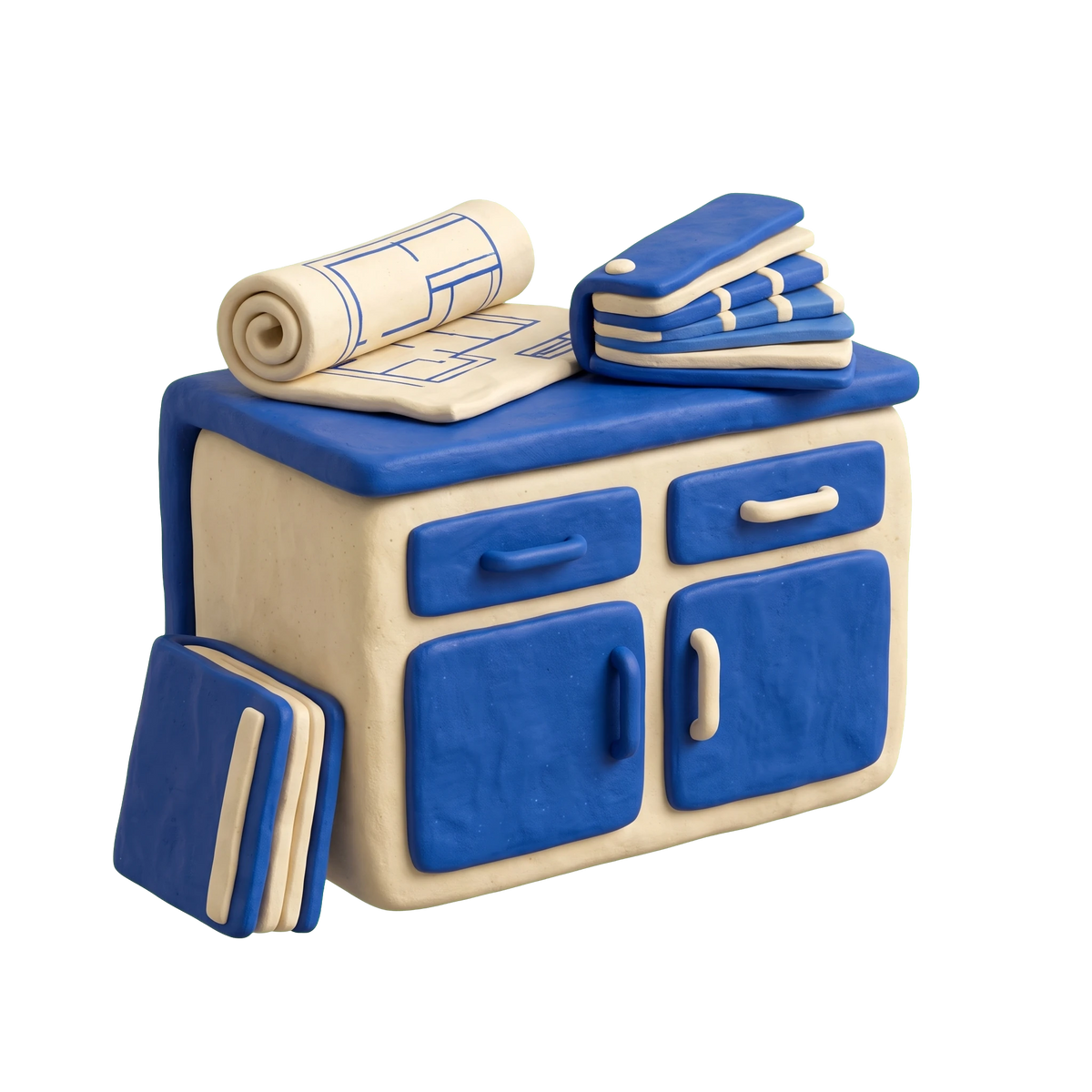 Cabinet store illustration in blue and ivory clay