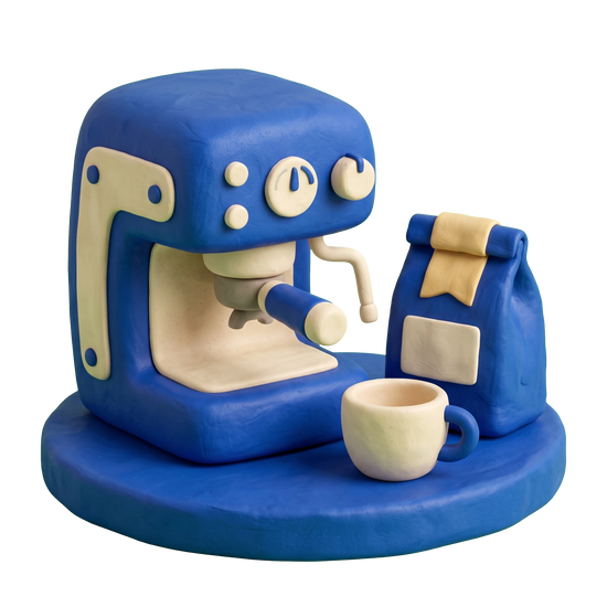 Cafe illustration in blue and ivory clay