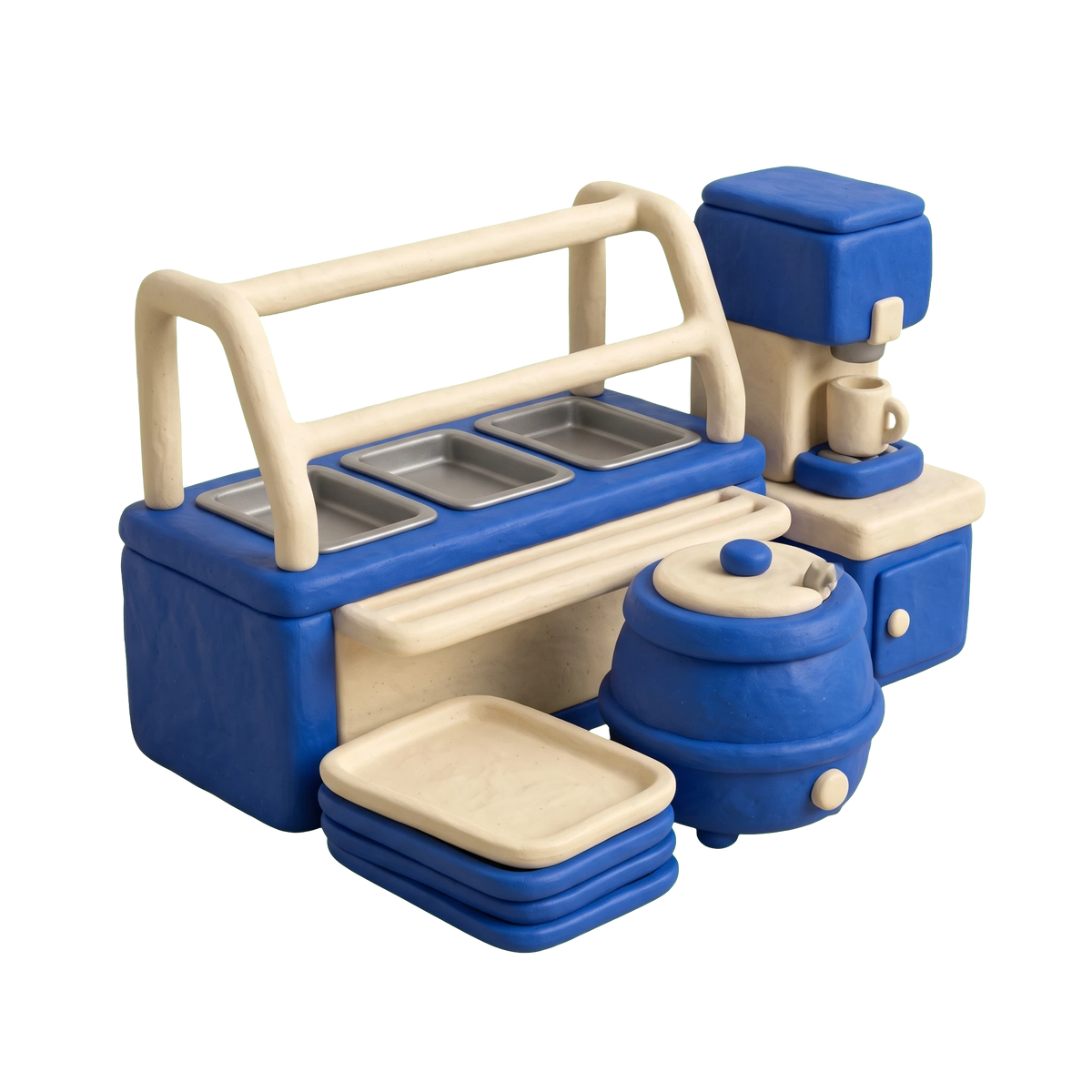 Cafeteria illustration in blue and ivory clay