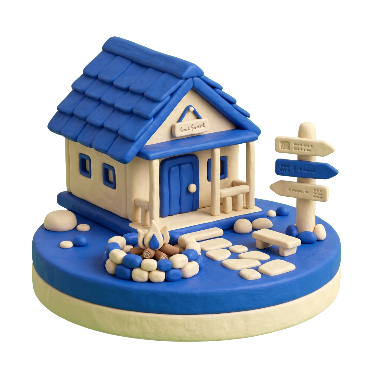 Campground illustration in blue and ivory clay