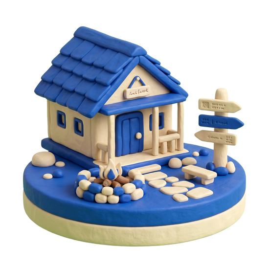 Campground illustration in blue and ivory clay