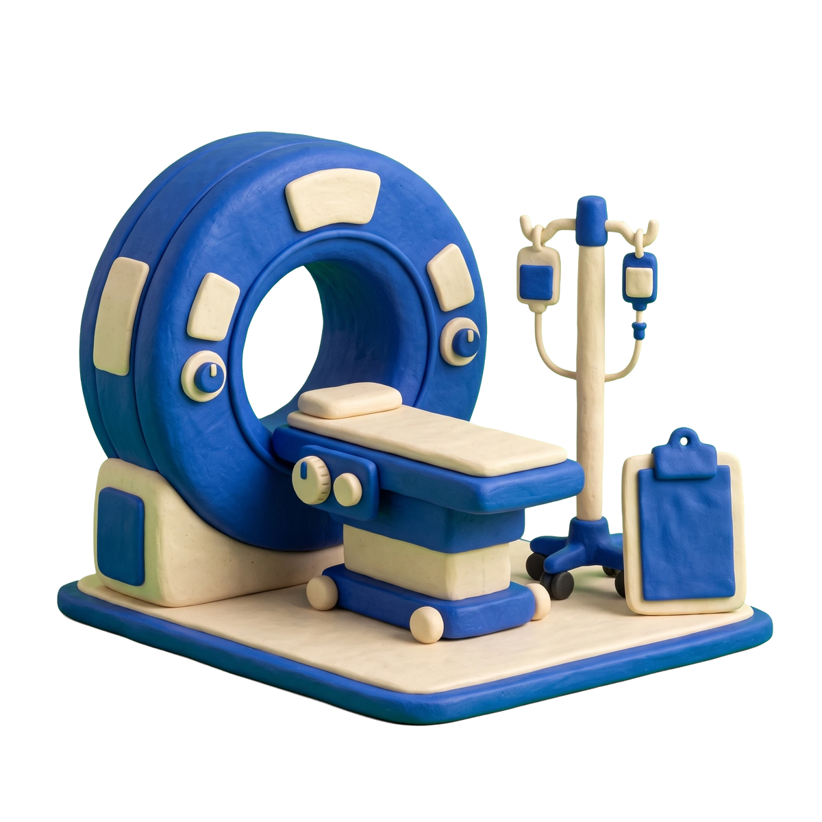 Cancer treatment center illustration in blue and ivory clay