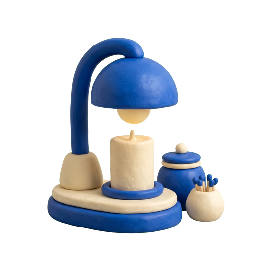 Candle store illustration in blue and ivory clay