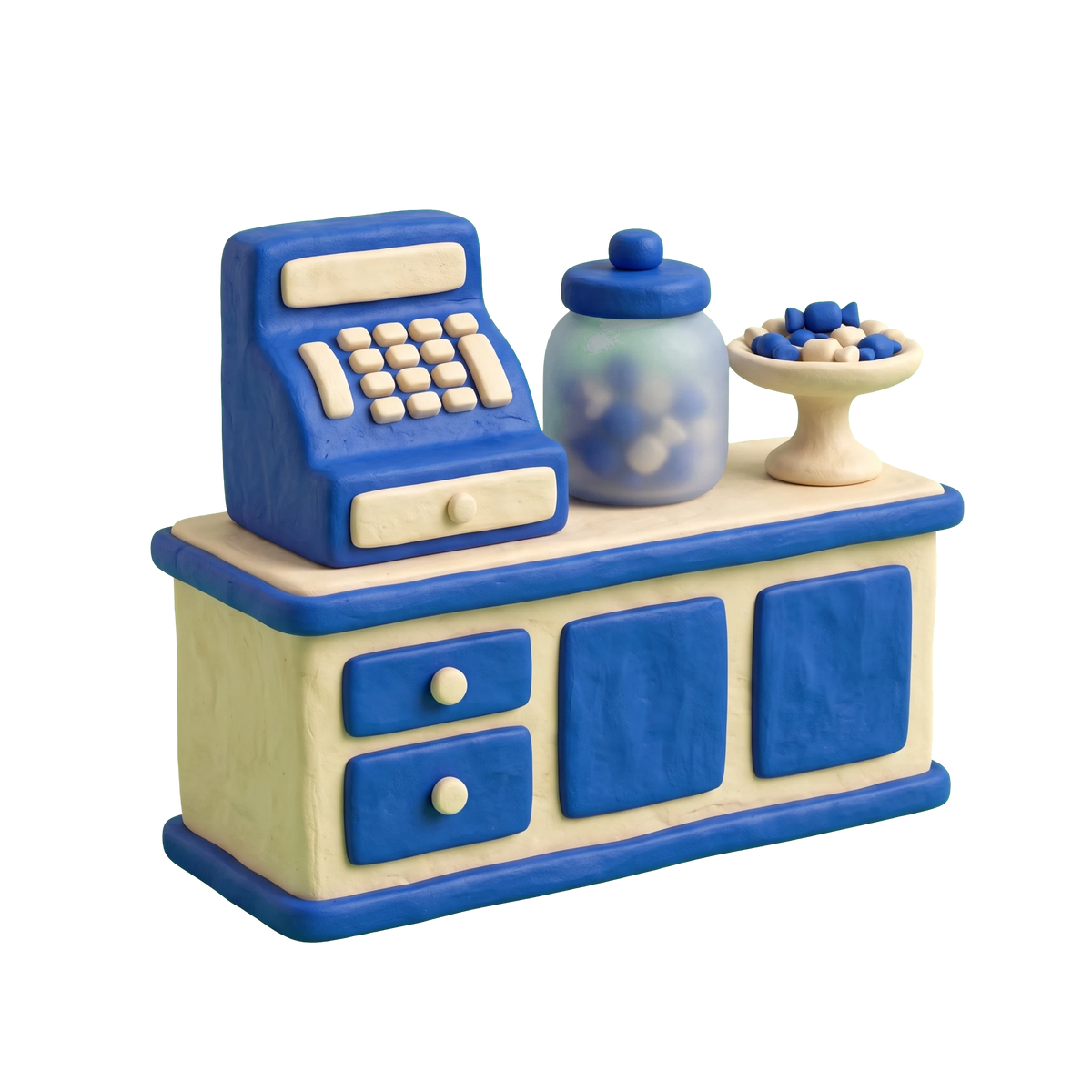 Candy store illustration in blue and ivory clay