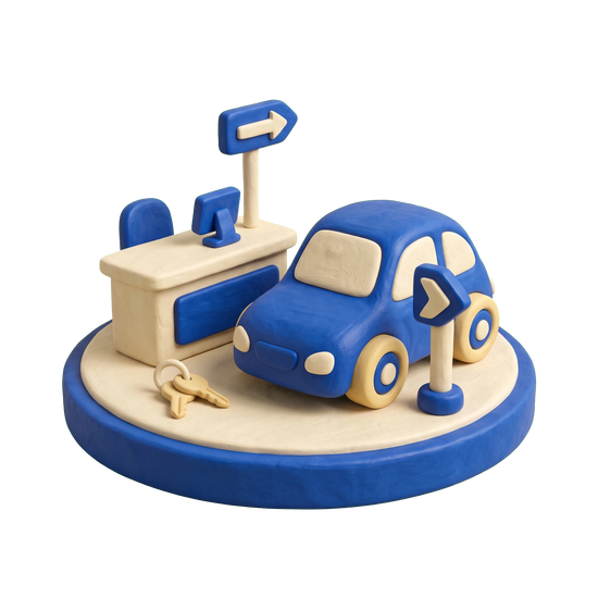 Car rental agency illustration in blue and ivory clay