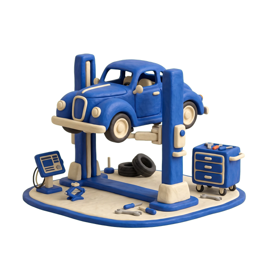 Car repair and maintenance service illustration in blue and ivory clay