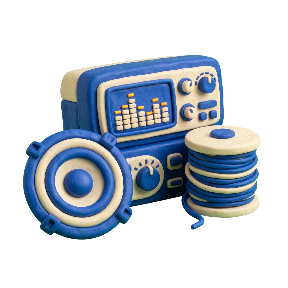 Car stereo store illustration in blue and ivory clay