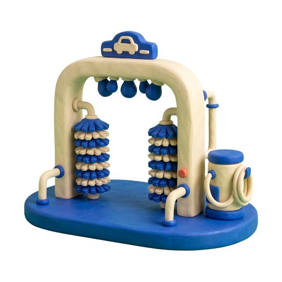 Car wash illustration in blue and ivory clay