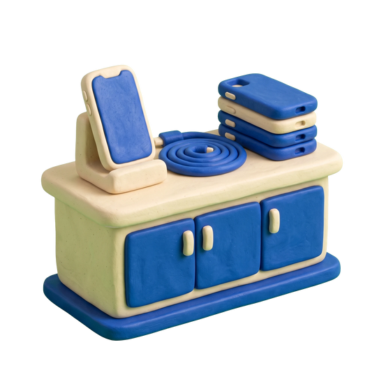 Cell phone store illustration in blue and ivory clay