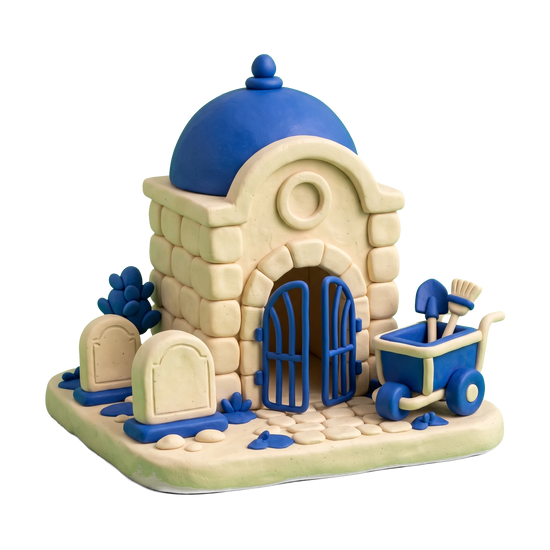 Cemetery illustration in blue and ivory clay