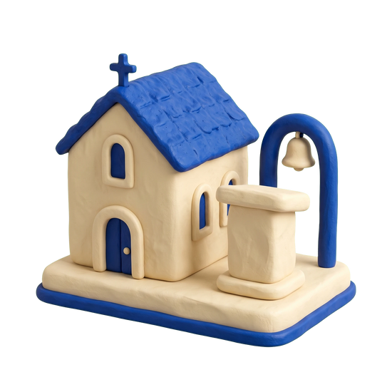 Chapel illustration in blue and ivory clay