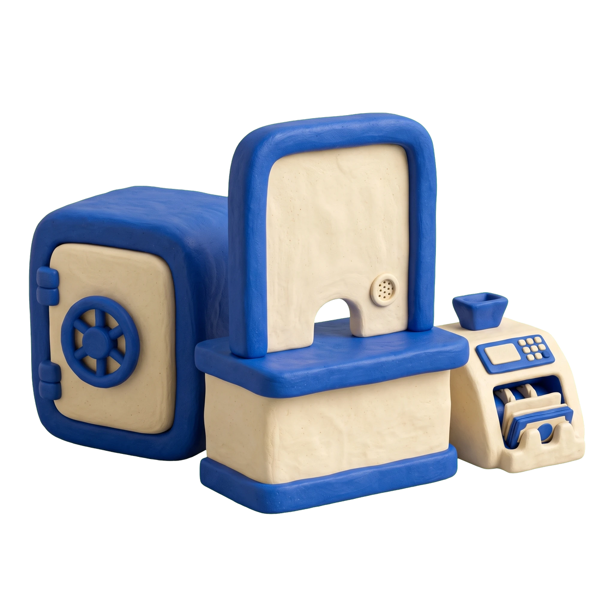 Check cashing service illustration in blue and ivory clay
