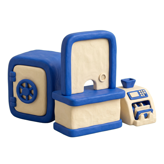 Check cashing service illustration in blue and ivory clay