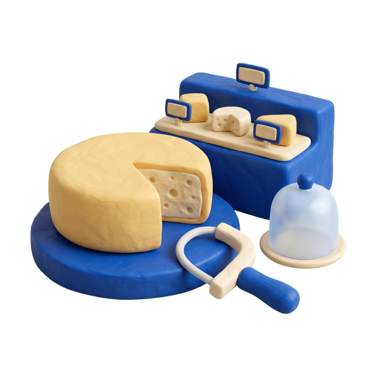 Cheese shop illustration in blue and ivory clay