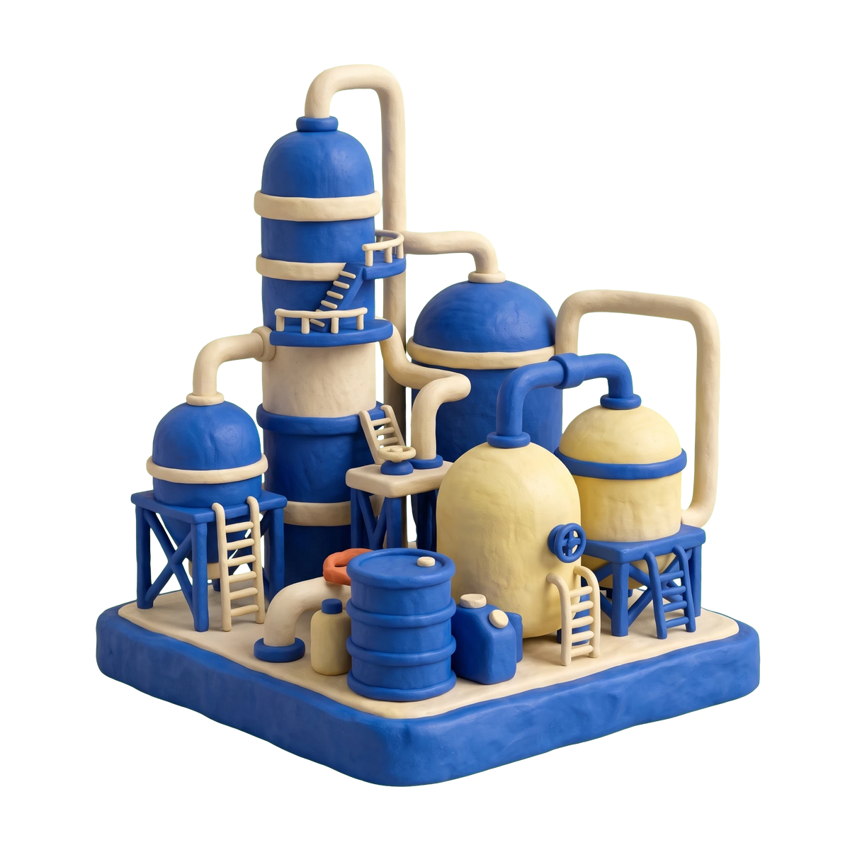 Chemical plant illustration in blue and ivory clay