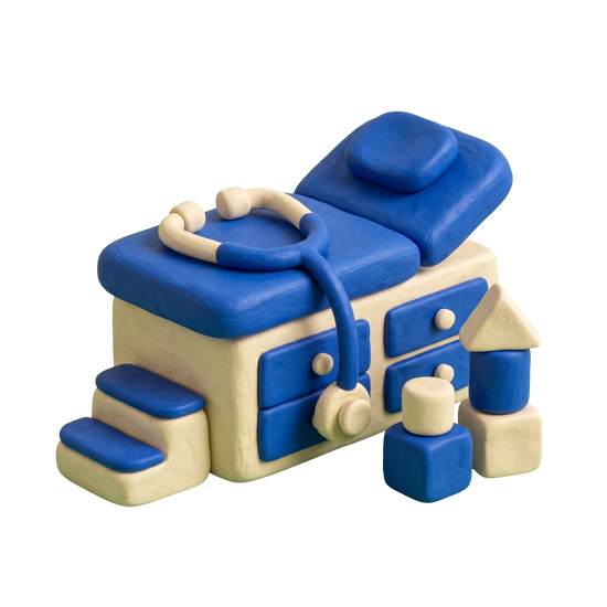 Child health care center illustration in blue and ivory clay