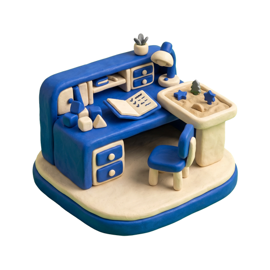 Child psychologist illustration in blue and ivory clay