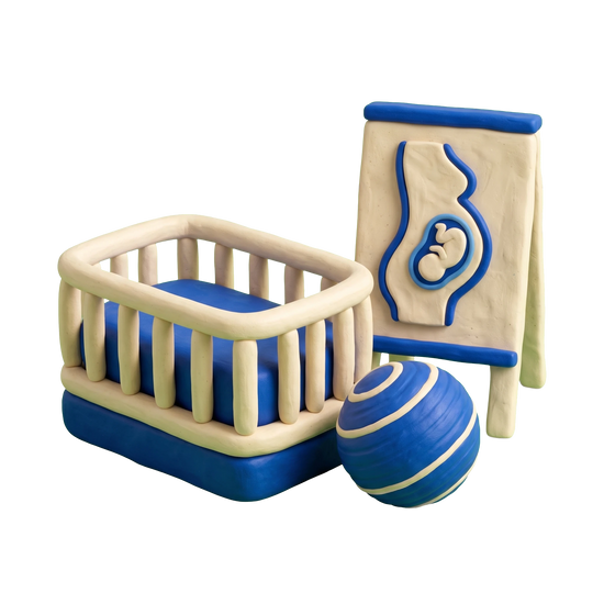 Childbirth class illustration in blue and ivory clay