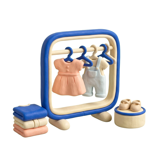 Children's clothing store illustration in blue and ivory clay