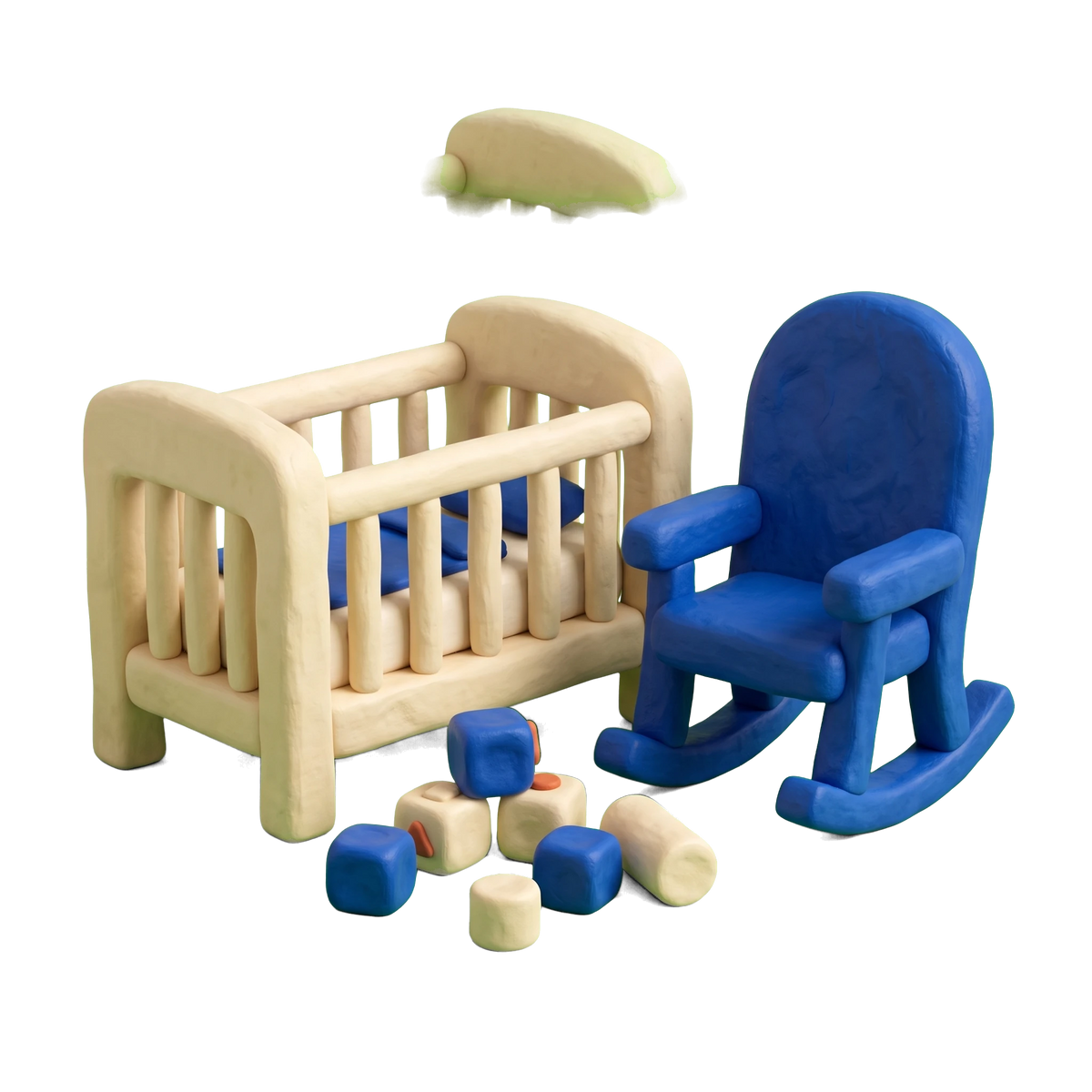 Children's furniture store illustration in blue and ivory clay