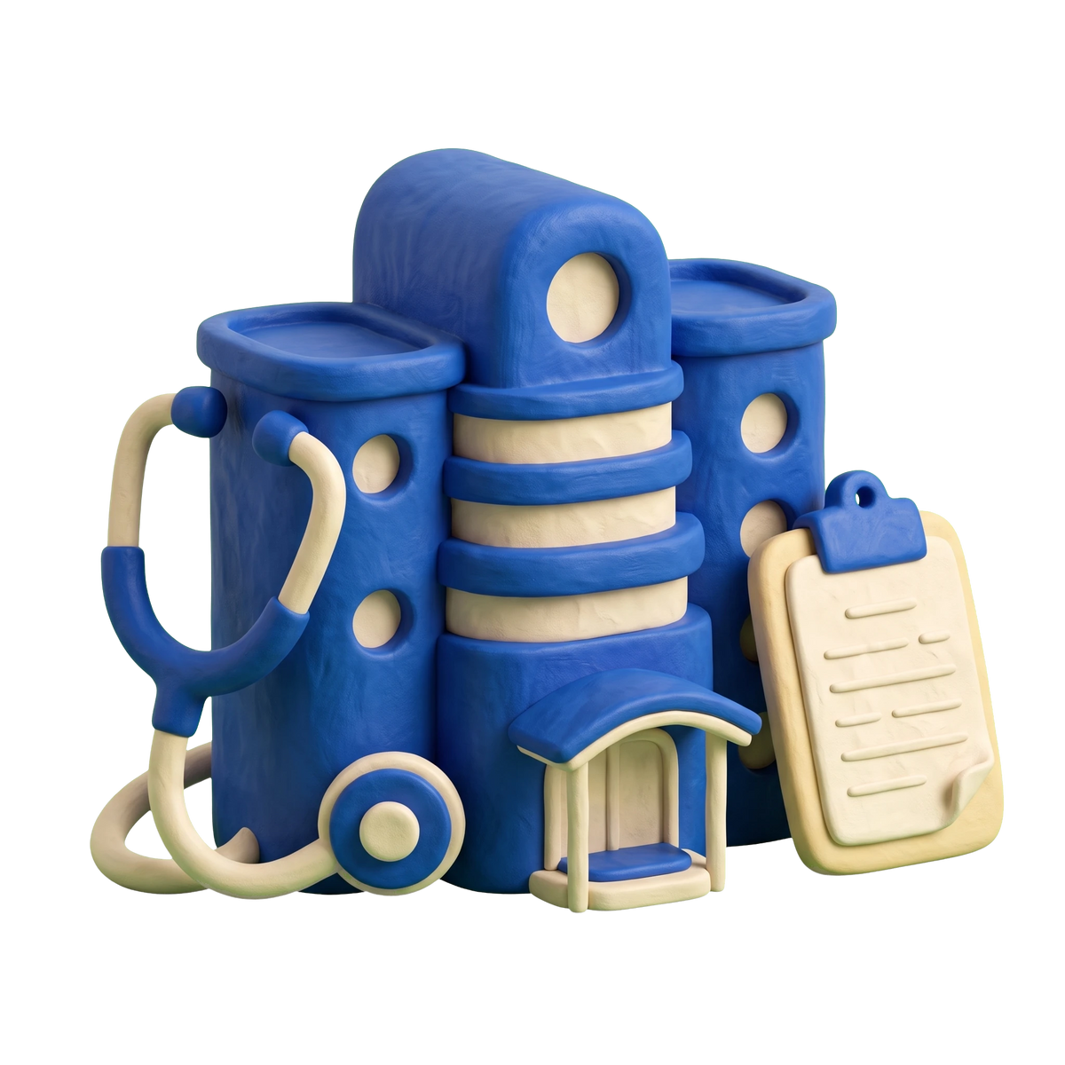 Children's hospital illustration in blue and ivory clay