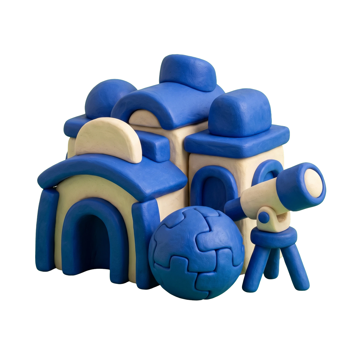 Children's museum illustration in blue and ivory clay