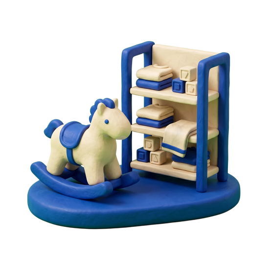 Children's store illustration in blue and ivory clay