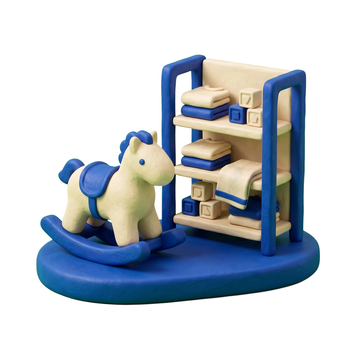 Children's store illustration in blue and ivory clay