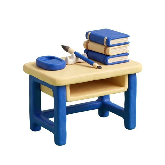 Chinese language school illustration in blue and ivory clay
