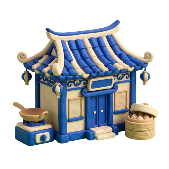 Chinese restaurant illustration in blue and ivory clay