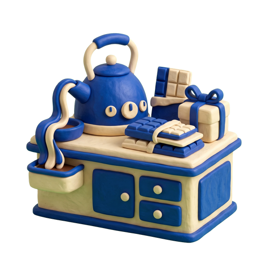 Chocolate shop illustration in blue and ivory clay