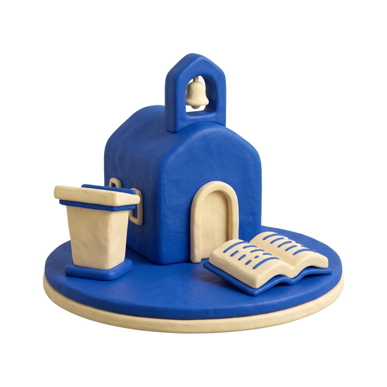 Christian church illustration in blue and ivory clay