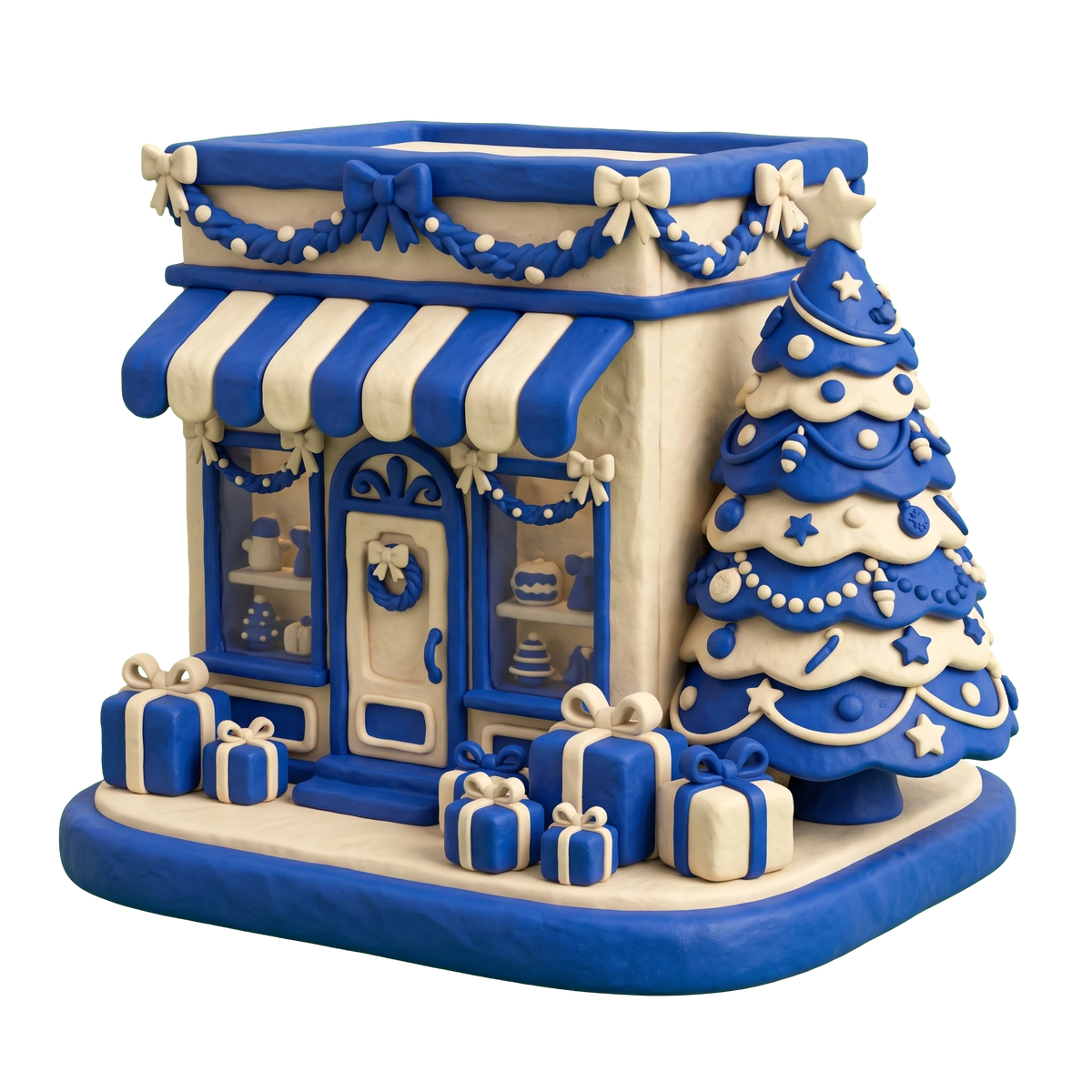 Christmas store illustration in blue and ivory clay