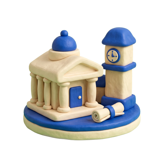 City or town hall illustration in blue and ivory clay