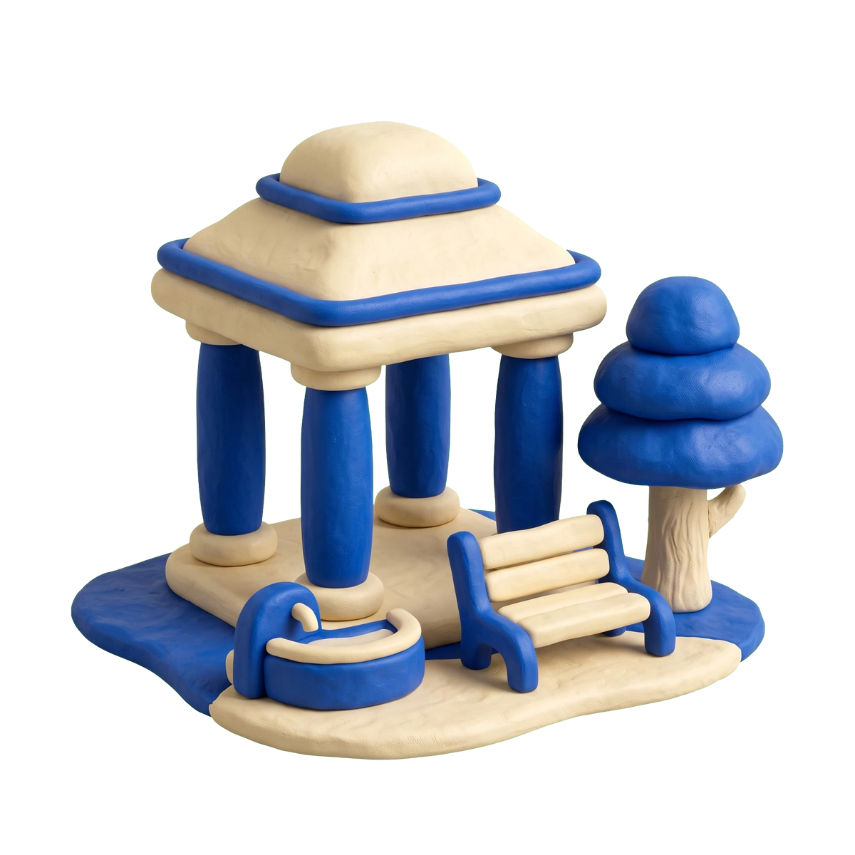 City park illustration in blue and ivory clay