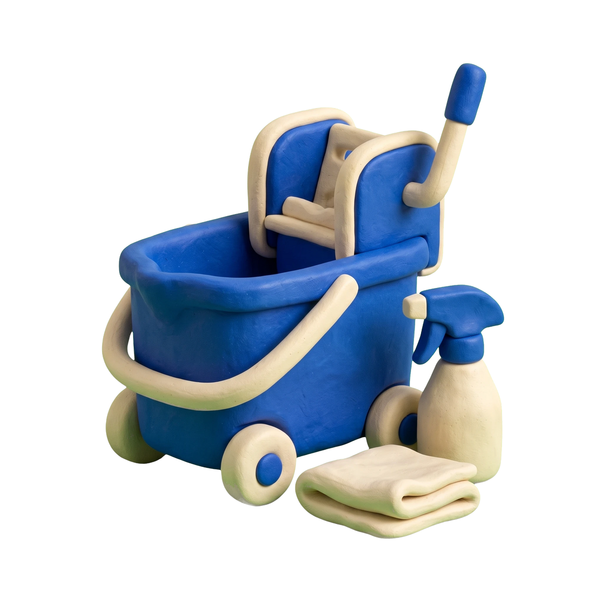 Cleaners illustration in blue and ivory clay