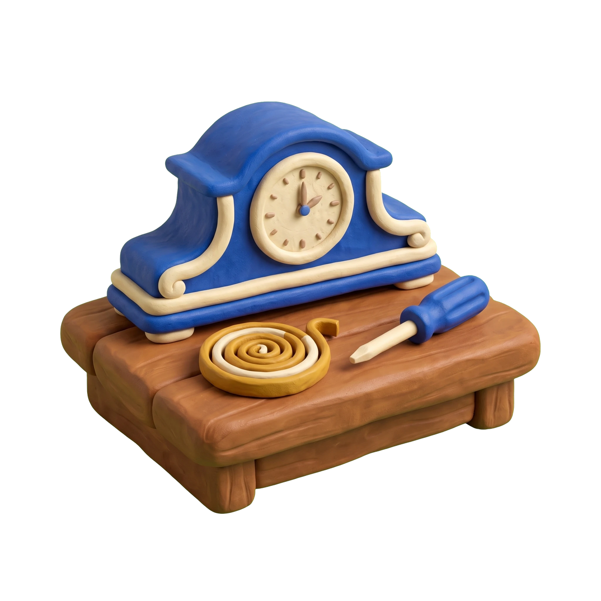 Clock repair service illustration in blue and ivory clay