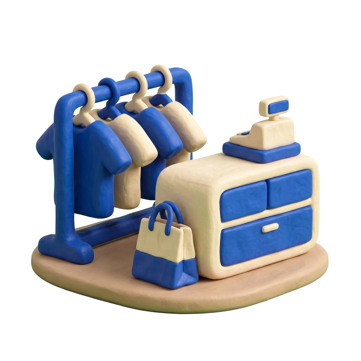 Clothing store illustration in blue and ivory clay