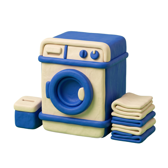 Coin operated laundry equipment supplier illustration in blue and ivory clay