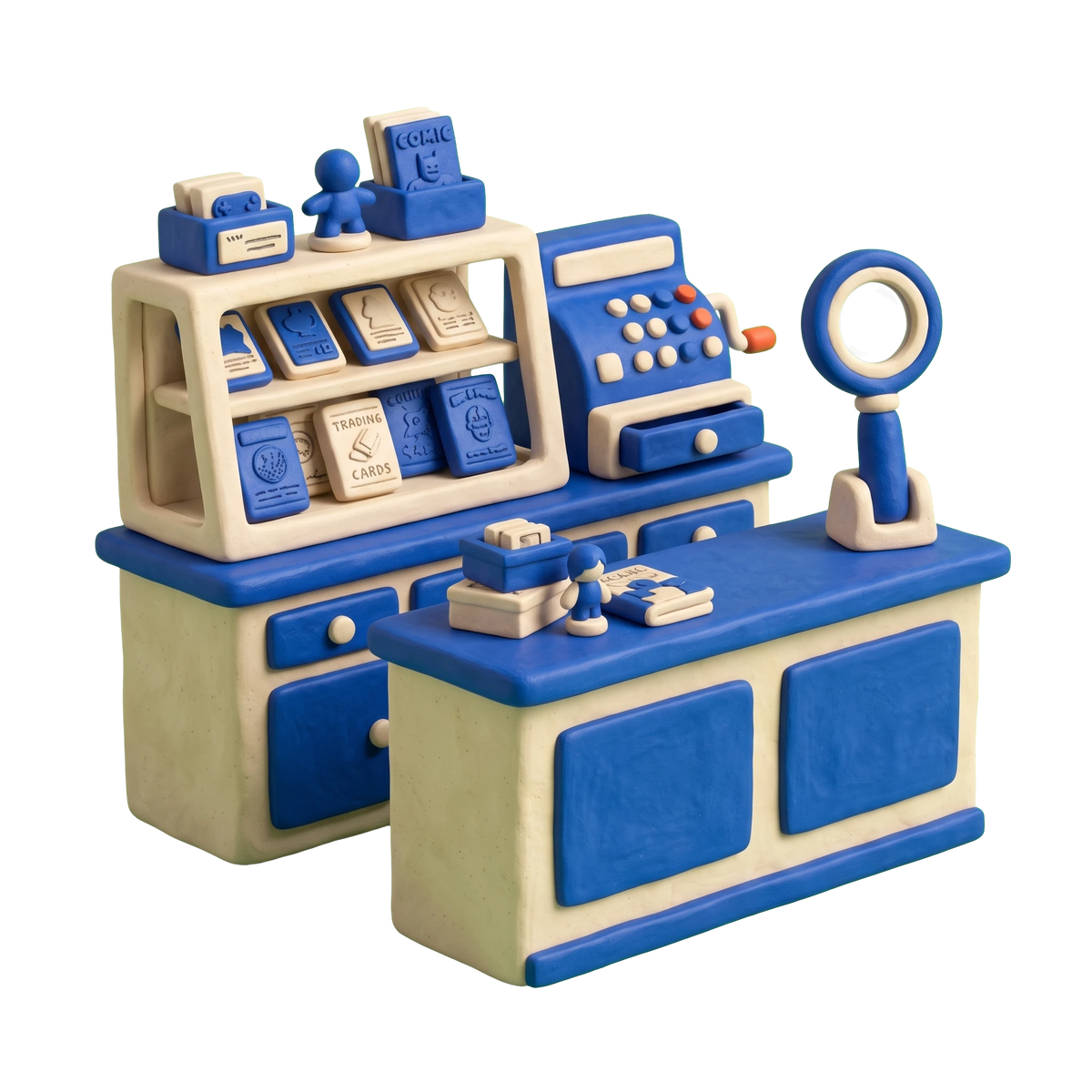 Collectibles store illustration in blue and ivory clay