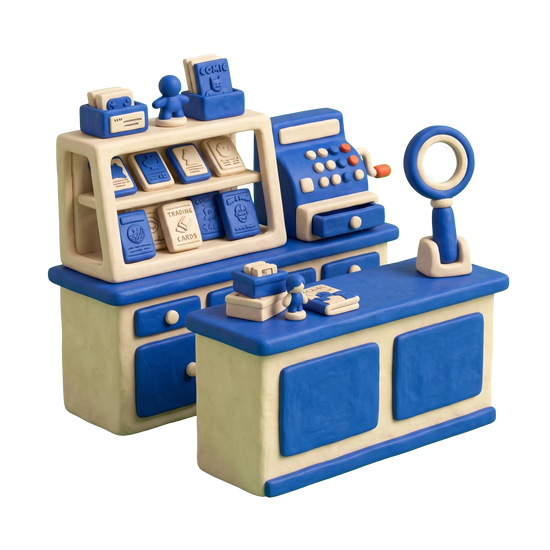 Collectibles store illustration in blue and ivory clay