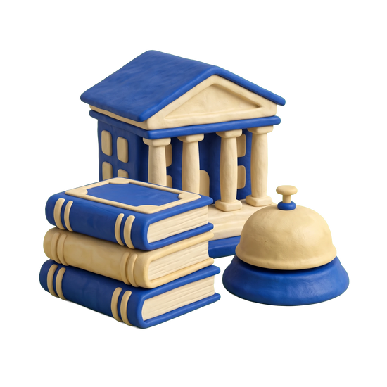 College illustration in blue and ivory clay
