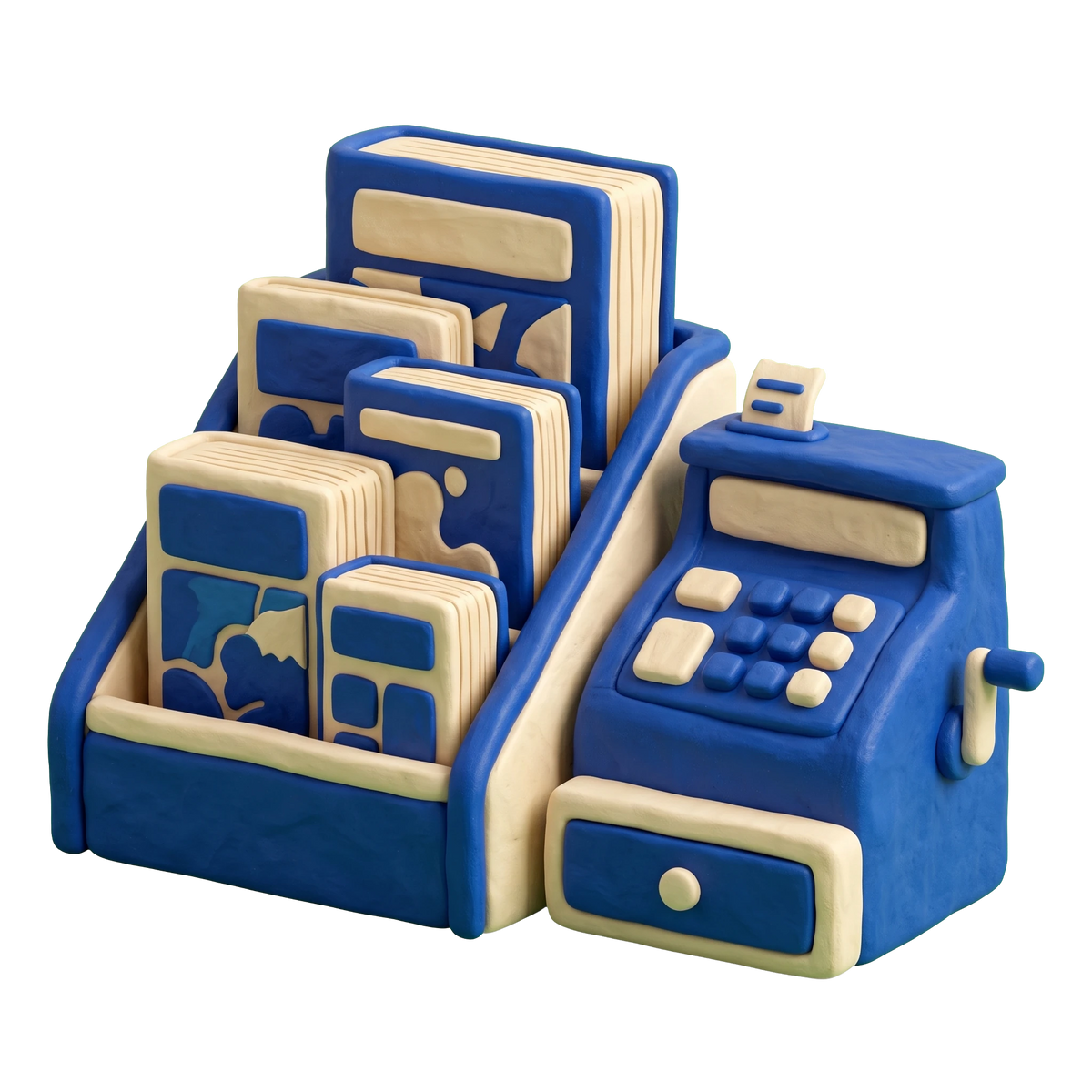 Comic book store illustration in blue and ivory clay
