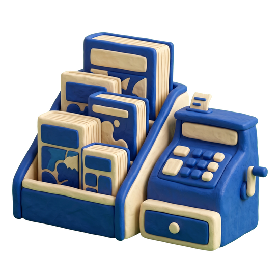 Comic book store illustration in blue and ivory clay