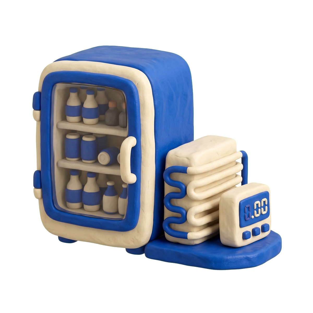 Commercial refrigerator supplier illustration in blue and ivory clay