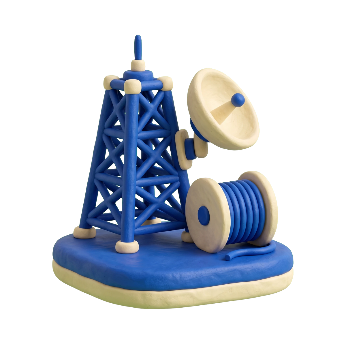 Communications tower illustration in blue and ivory clay